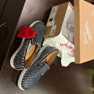 Blue sliver white Red bottom sneakers